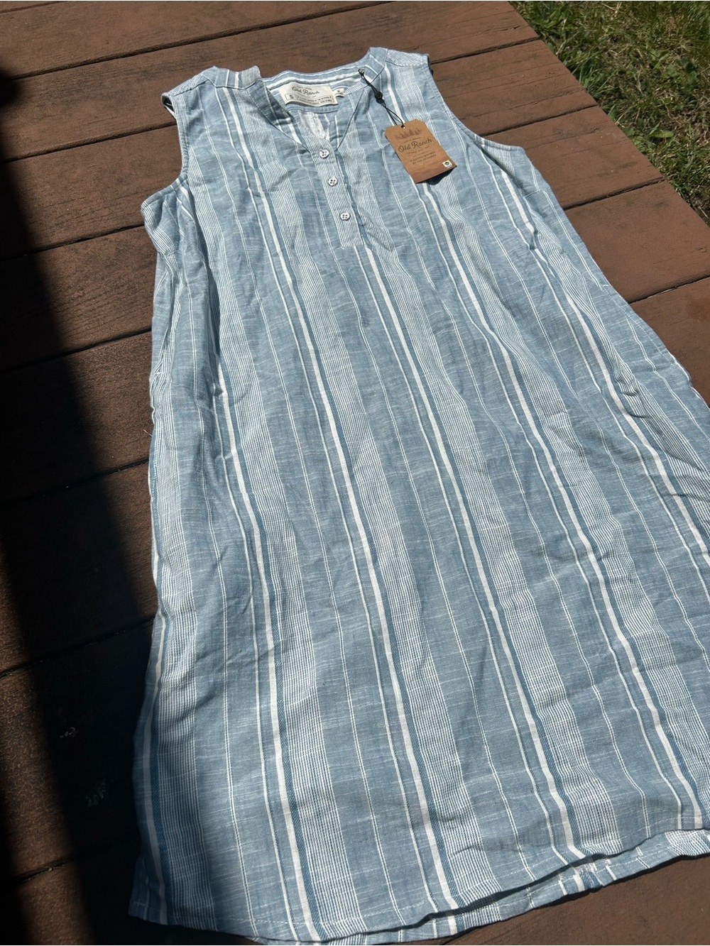 Old Ranch Blue Stripe Sleeveless Linen-Blend Dress